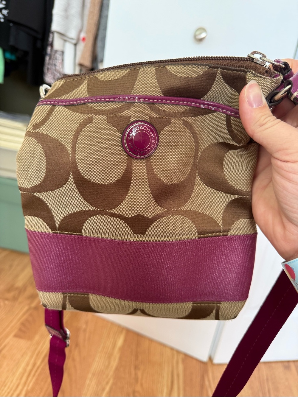 Coach Brown Signature Canvas Crossbody Bag with Magenta Accent